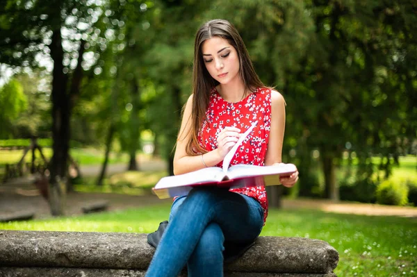 Hermosa Estudiante Universitaria Leyendo Libro Banco Parque — Foto de Stock