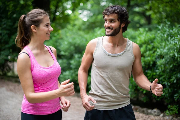 Couple Running Together Outdoor Park — Stock Photo, Image
