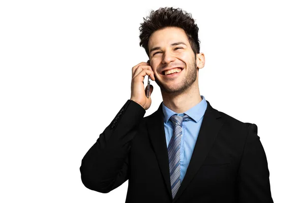 Uśmiechający Się Biznesmen Mówi Telefon Białym Tle — Zdjęcie stockowe