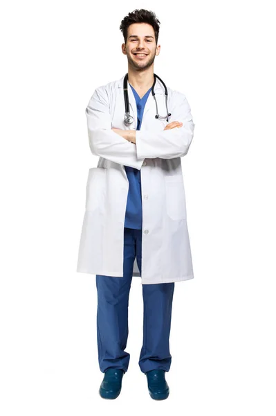 Bonito Retrato Jovem Médico Isolado Branco Comprimento Total — Fotografia de Stock