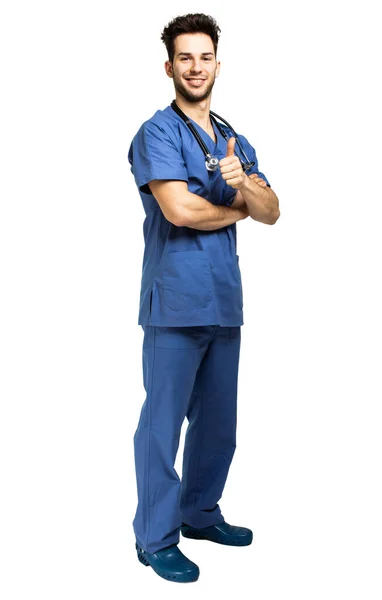 Άνδρας Νοσοκόμος Απομονωμένος Λευκό Πλήρες Μήκος Δείχνει Τους Αντίχειρες Επάνω — Φωτογραφία Αρχείου
