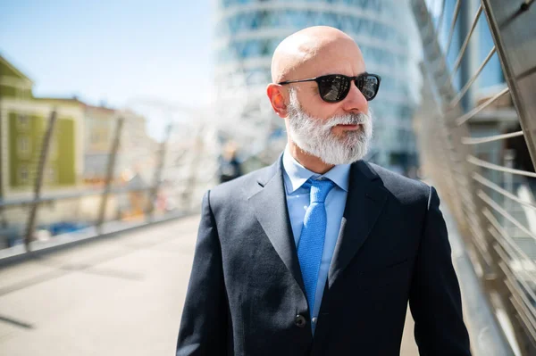 白い髭の屋外サングラスを身に着けている成熟したはげスタイリッシュなビジネスマンの肖像画 — ストック写真