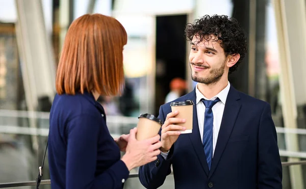 Business Partners Discussing Together Outdoor Modern Urban Setting Coffee Break — Stock Photo, Image