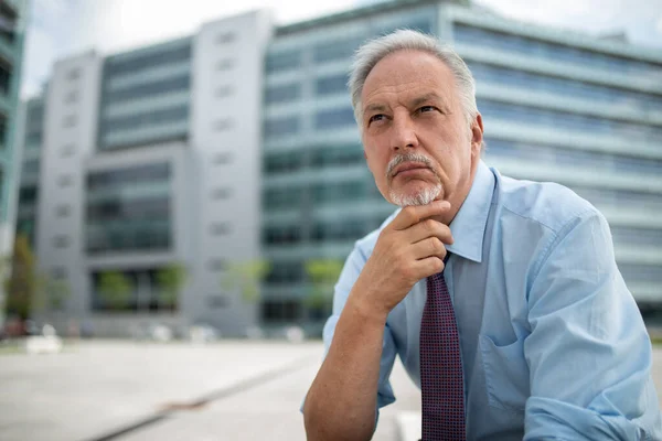 Thinking Pensive Senior Businessman Outdoor — Stock Photo, Image