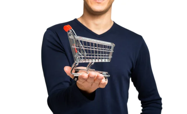 Moderne Online Marketing Shopping Concept Man Houdt Winkelwagen Witte Achtergrond — Stockfoto