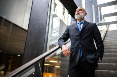 Olgun, kel, şık bir iş adamı portresi gezici merdivenlerde dalgın bir ifadeyle.