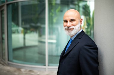 Beyaz sakallı, kel, şık bir iş adamı portresi.