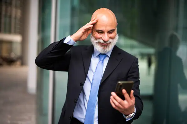 Happy Senior Bald Stylish Manager White Beard Happy Surprised Expression — Stock Photo, Image