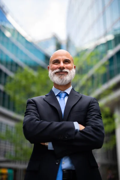 Mature Bald Stylish Business Man Portrait White Beard Outdoor Folded — Stock Photo, Image