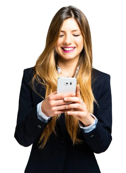 Vrouw Met Behulp Van Een Smartphone Geïsoleerd Witte Achtergrond — Stockfoto