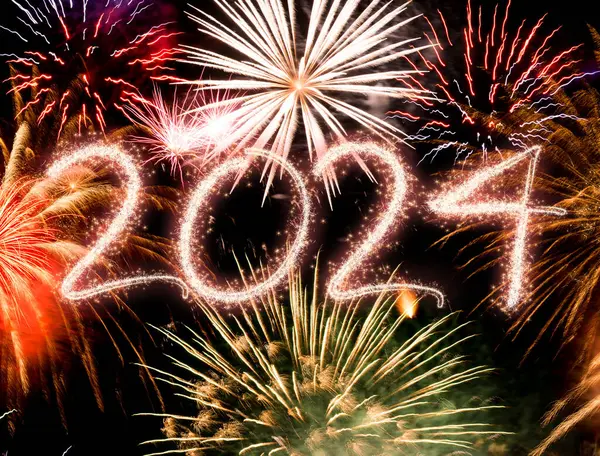2024 Written Sparkling Fireworks Night Sky — Stock Photo, Image