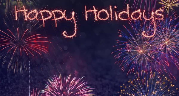 Colorful Fireworks Night Sky Glowing Happy Holidays Message — Stock Photo, Image
