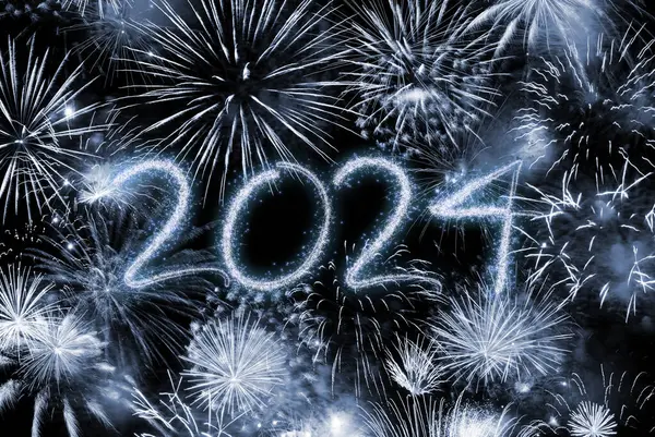 Slavnostní Ohňostroj Rozsvítí Oblohu Čísly 2024 Oslavujícími Nový Rok — Stock fotografie