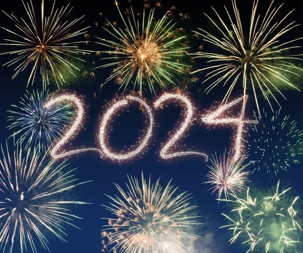 Vibrant Fireworks 2024 Sign Glowing Night Sky — Stock Photo, Image