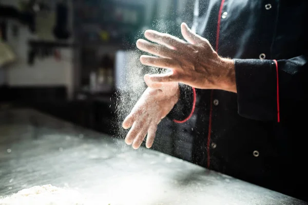 Closeup Chef Hands Sprinkling Flour — Stock Photo, Image