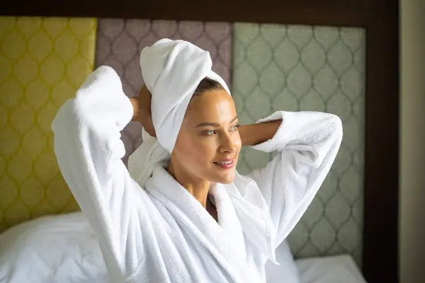 Woman White Robe Smiling Drying Her Hair Towel — Stock Photo, Image