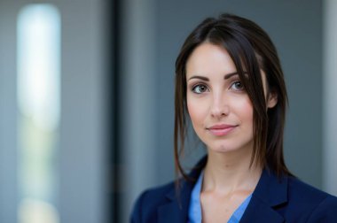 Modern ofisteki kendine güvenen genç iş kadını profesyonellik ve başarı yayıyor. Parlak gülümseme kariyerindeki liderliği gösterir. Koridor arkaplanı karmaşıklık katar