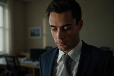 Ofisindeki genç işadamı, aşağıya bakıyor, azim ve hırsla iş zorluklarını düşünüyor, doğal ışıkla aydınlatılıyor.