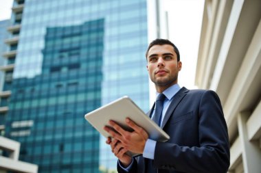 Şehir manzaralı tabletli kendine güvenen işadamı ofis binalarına bakıyor. Profesyonel ve hırslı, şehir ortamında kurumsal finansmanı somutlaştıran