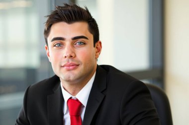 Kırmızı kravatlı genç işadamı, bir teknoloji şirketinde kariyerinin başarısını ve hırsını somutlaştırarak, kendinden emin bir şekilde ofisinde gülümsüyor.