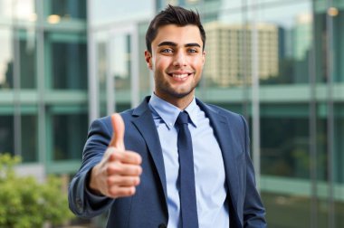 Takım elbiseli kendinden emin genç işadamı, başarı ve pozitiflik saçarak ofisin önünde başparmak kaldırıyor. Mavi gözler parıldıyor, modern liderliğin vücut bulmuş hali.