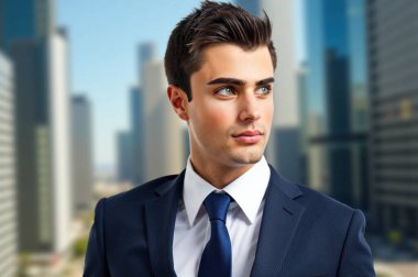 Kentin kendine güvenen genç işadamı, şehir zeminine bakıyor. Profesyonel, hırslı, başarılı bir lider. Kurumsal geleceği öngörüyor.