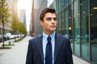 Kendine güvenen genç işadamı şehirde uzun ofis binalarıyla dolaşıyor, şık takım elbise ve kravat takıyor, kararlı görünüyor, başarıyı ve finans liderliğini somutlaştırıyor.