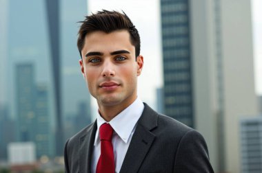 Gökdelenlerin önünde duran genç bir iş adamının portresi. Takım elbise ve kravat takıyor ve kendine güvenen bir ifadesi var.