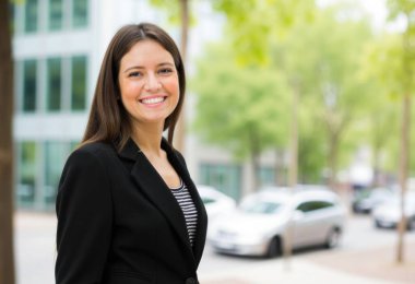 Confident young businesswoman smiling in urban setting, with office buildings in background. Embodies success and professionalism clipart