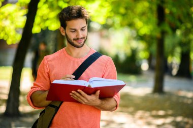 Genç adam bir parkta çalışıyor, bir sınav için notlar alıyor, sonbahar yapraklarıyla çevrili. Onun odaklanmış ifadesi ve gelişigüzel stili öğrenmeye olan bağlılığını gösteriyor.