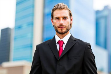 Kendine güvenen takım elbiseli ve kravatlı işadamı şehirde duruyor. Kararlı ve başarılı görünüyor. Şehir arkaplanı profesyonel bir hava katıyor. Genç Kafkasyalı açık havada liderlik yapıyor.
