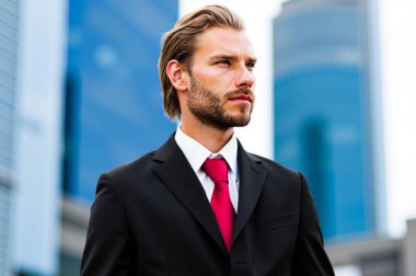 Kendine güvenen, takım elbiseli ve kravatlı genç işadamı şirket binalarının önünde duruyor. Modern bir şehir ortamında hırs ve başarı yaymak. Finans ve iş dünyasında liderlik ve kararlılık