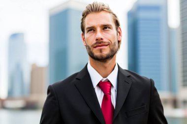 Genç işadamı umut ve hırsla yukarı bakıyor, takım elbisesi ve kravatıyla ayakta duruyor ve arkasında bir şehir silüeti var.