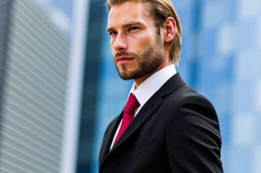 Genç işadamı, takım elbise ve kravat takarak şehir ortamında poz veriyor. O, yüzünde kendinden emin bir ifadeyle kameradan uzağa bakıyor.