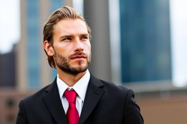 Siyah takım elbiseli ve kırmızı kravatlı kendine güvenen genç işadamı şehir ortamında gökyüzüne bakıyor, azim ve hırs yayıyor.