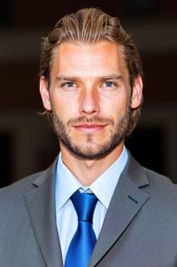 Genç profesyonel iş adamı, takım elbisesi ve kravatıyla güvenini ve yeterliliğini ifade eden bir şirket vesikalığı için poz veriyor.