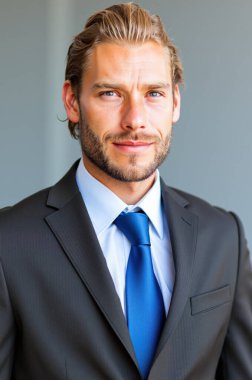 Ofisteki kendine güvenen genç işadamlarının başarıyı ve hırsı keskin takım elbise ve kravatla yayması motivasyonu ve kurumsal hedefleri yansıtıyor.