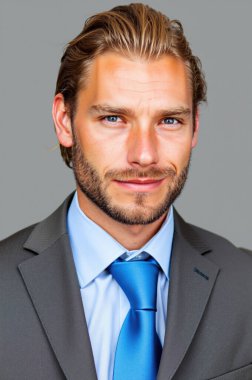 Gülümseyen bir iş adamının stüdyo portresi. Gri bir zemine karşı takım elbise ve kravat takarak güven ve profesyonellik yayıyor.