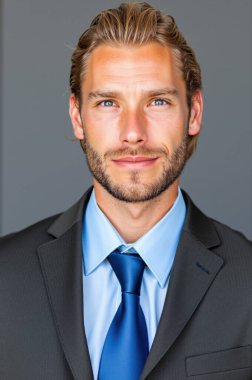 Kendine güvenen takım elbiseli ve kravatlı işadamı stüdyo resminde gülümsüyor. Başarı ve liderlik yayar, hırs ve motivasyon gösterir.