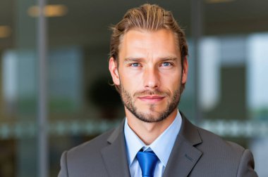 Kendine güveni ve profesyonelliği yayarak modern bir ofis ortamında takım elbise ve kravat takarak duran bir iş adamının yakın plan fotoğrafı.