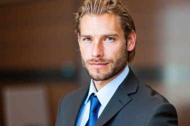 Bulanık bir ofis ortamında takım elbise ve kravat giymiş, güven ve profesyonellik saçan bir iş adamının yakın plan fotoğrafı.