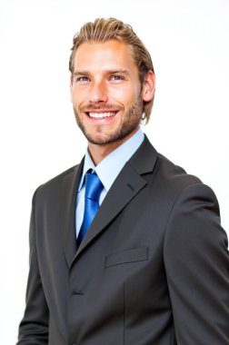 Takım elbise giyen ve kravat takan dost canlısı bir iş adamının stüdyo portresi temiz beyaz bir arkaplana karşı güven ve profesyonellik yayıyor.