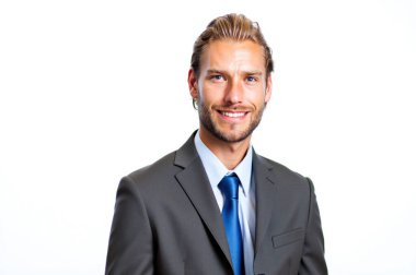 Takım elbiseli ve kravatlı bir iş adamının stüdyo portresi beyaz bir arka plana güvenle gülümseyen profesyonelliği ve başarıyı ifade eden