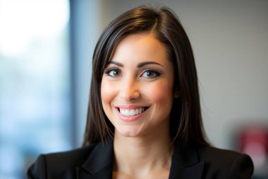 Ofis binasında gülümseyen ve siyah takım giyen bir iş kadınının portresi.