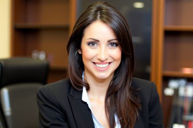 Ofisinde gülümseyen genç bir iş kadınının portresi.