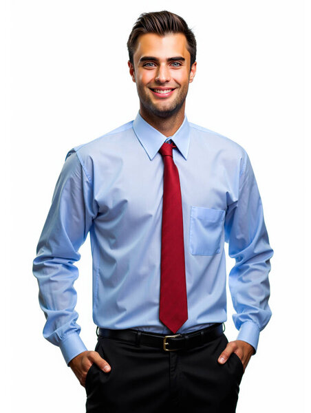 Молодой менеджер улыбается с руками в карманах, носит рубашку и галстук, изолирован на белом фоне, представляя уверенность и успех в бизнесе