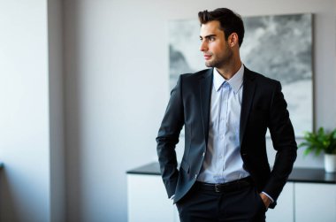 Genç yönetici, elleri ceplerinde, şık bir takım elbise ve gömlek giymiş, düşünceli bir şekilde uzaktaki modern ofis alanına bakıyor.