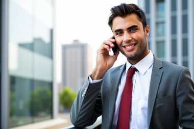 Modern ofis binalarının önünde akıllı telefonuyla konuşan gülümseyen bir iş adamının portresi.