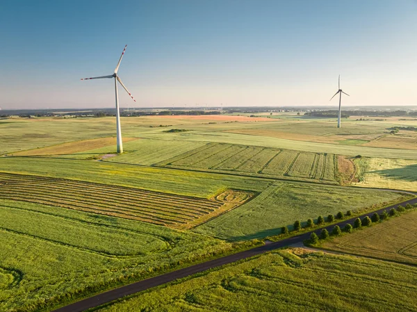 Green Field Wind Turbines Sunrise Aerial View Poland — Stock Fotó