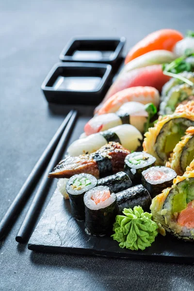 Delicious Healthy Sushi Set Made Seafood Vegetables Classic Japanese Cuisine — Stock Photo, Image